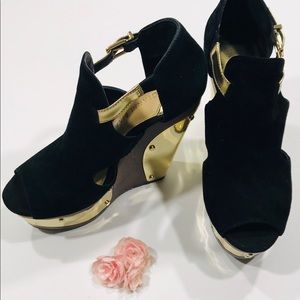 Gianni Bini Gold Plated Suede Platform Wedges